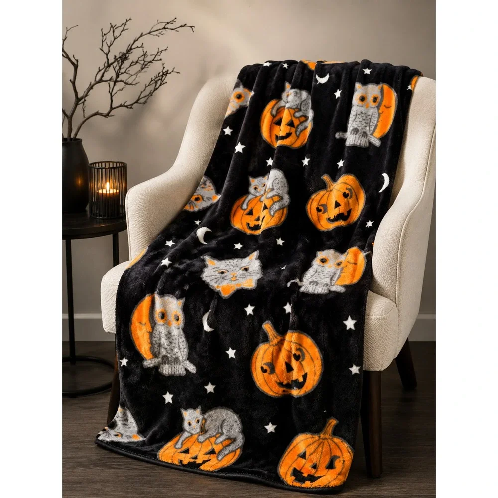Haunted Little Home Halloween Plush Throw Blanket Cats Owls Pumpkins 60x70 NWT